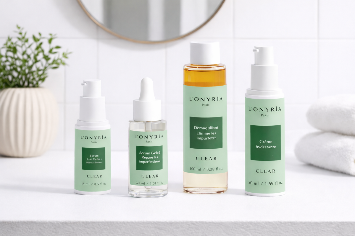 Routine soin visage L'Onyrìa Paris pour peau grasse et déshydratée