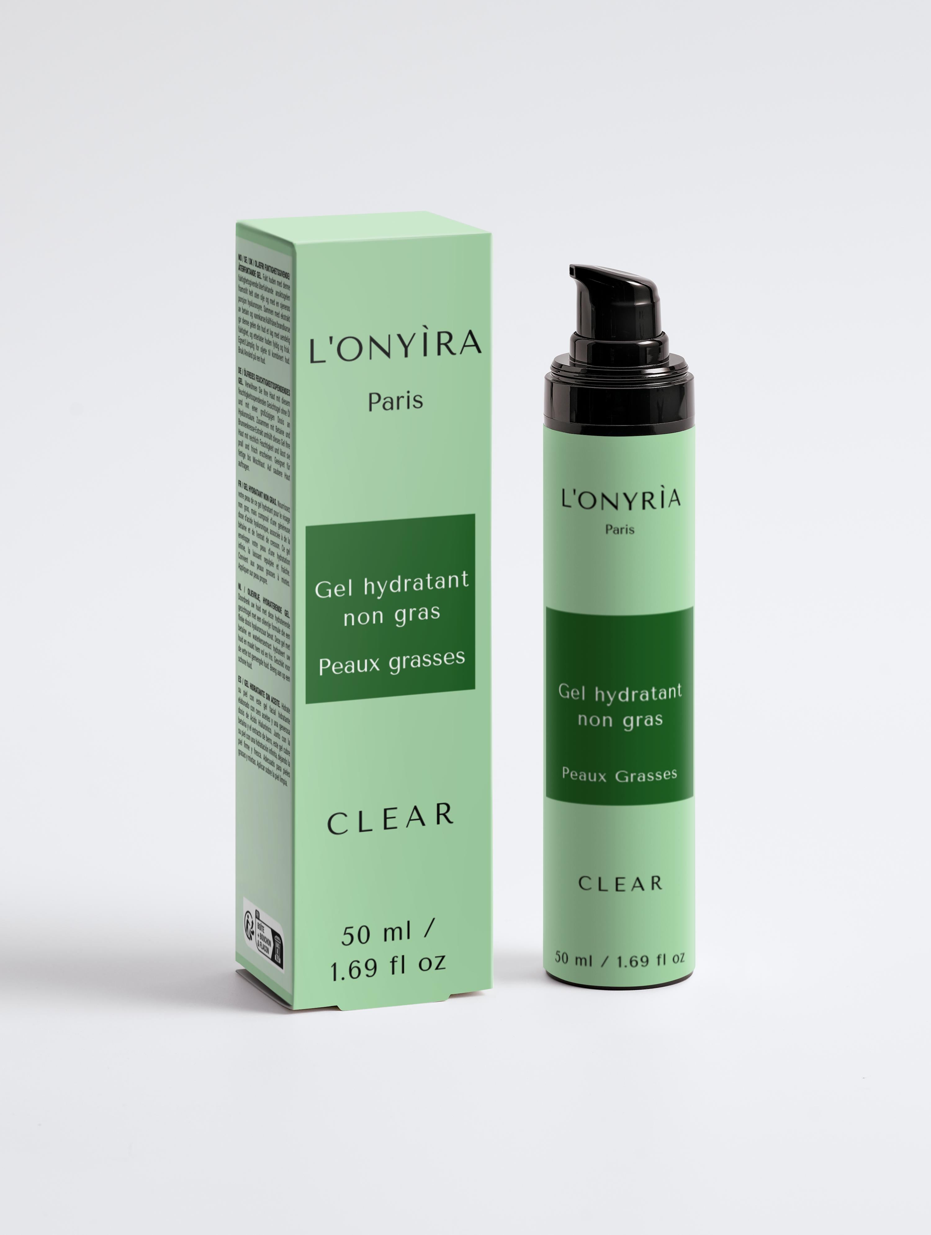 Gel hydratant non gras visage L’Onyria Paris flacon pompe pour peau grasse et mixte